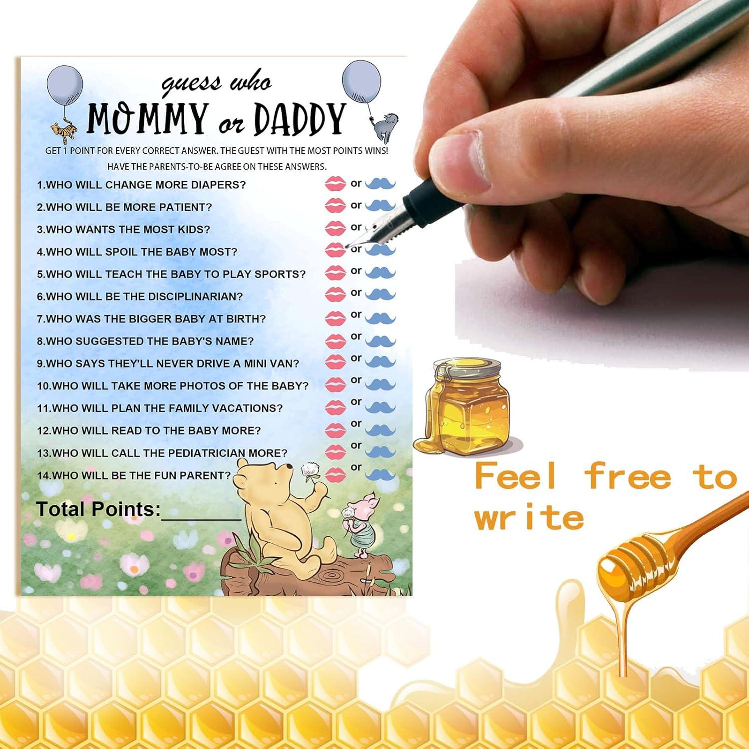 30 Tarjetas de Juegos de Baby Shower Winnie - Adivina Quién es Mamá o Papá