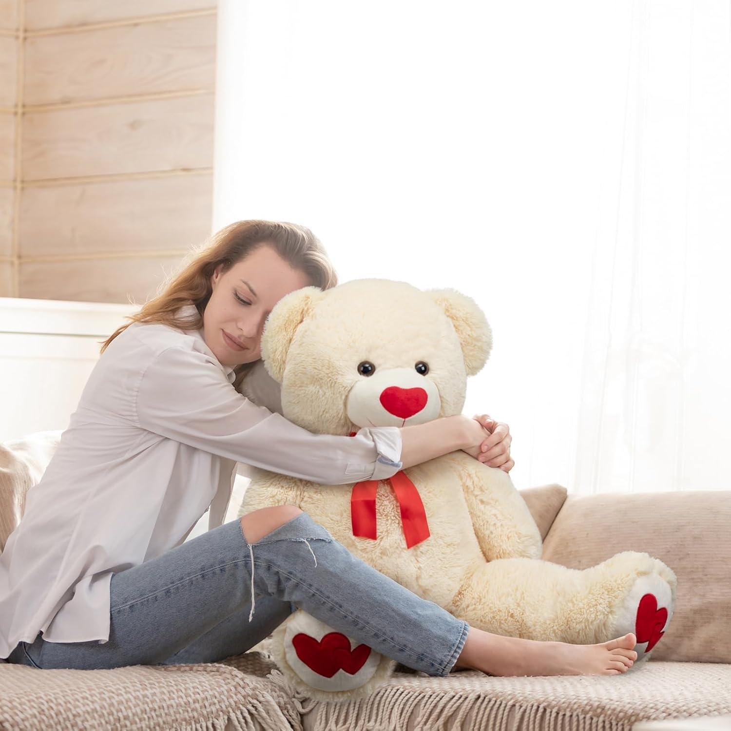 Oso de Peluche Grande HollyHOME 91 cm Beige con Corazón Rojo