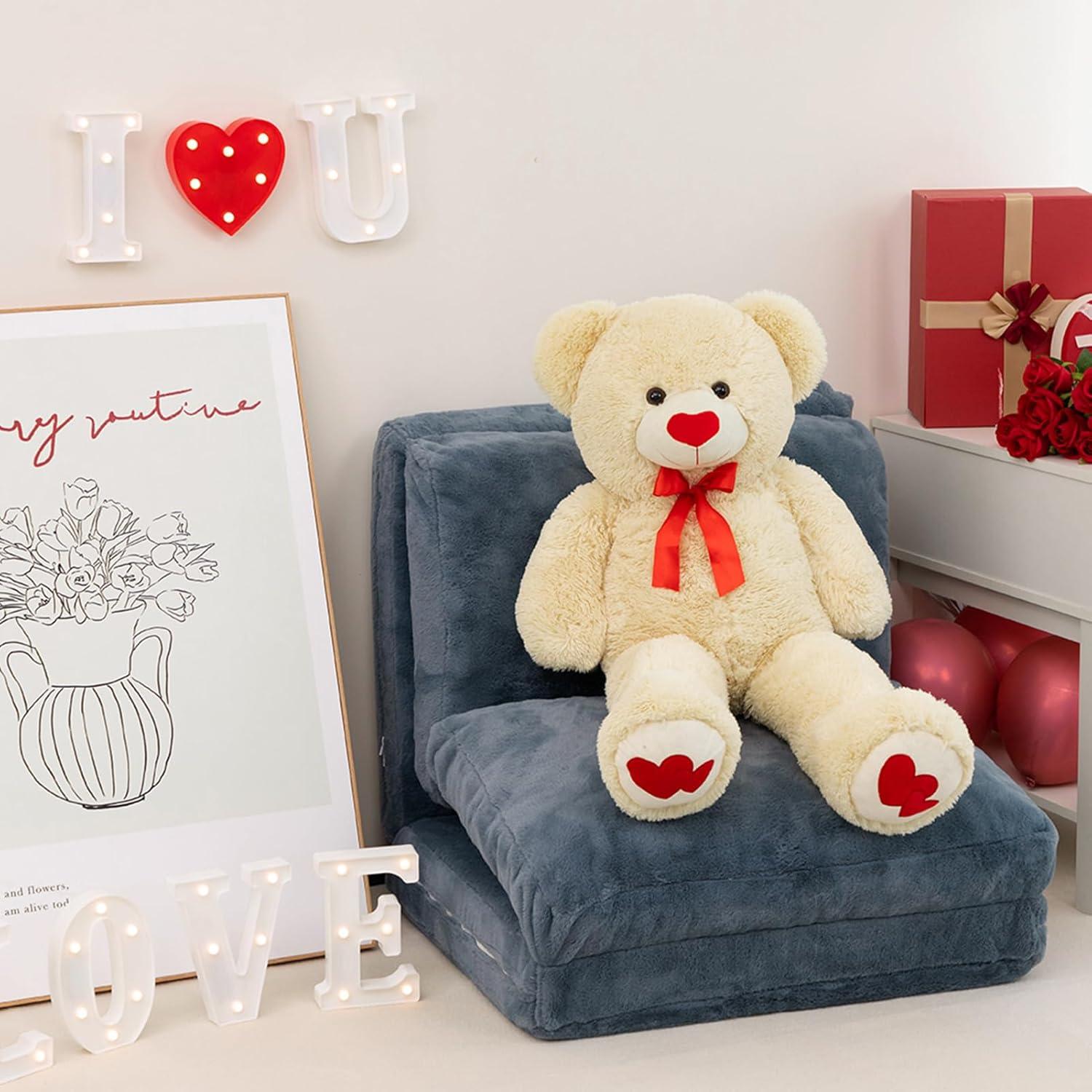 Oso de Peluche Grande HollyHOME 91 cm Beige con Corazón Rojo