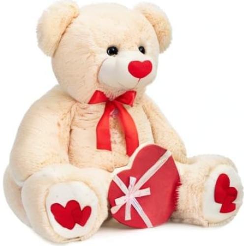 Oso de Peluche Grande HollyHOME 91 cm Beige con Corazón Rojo