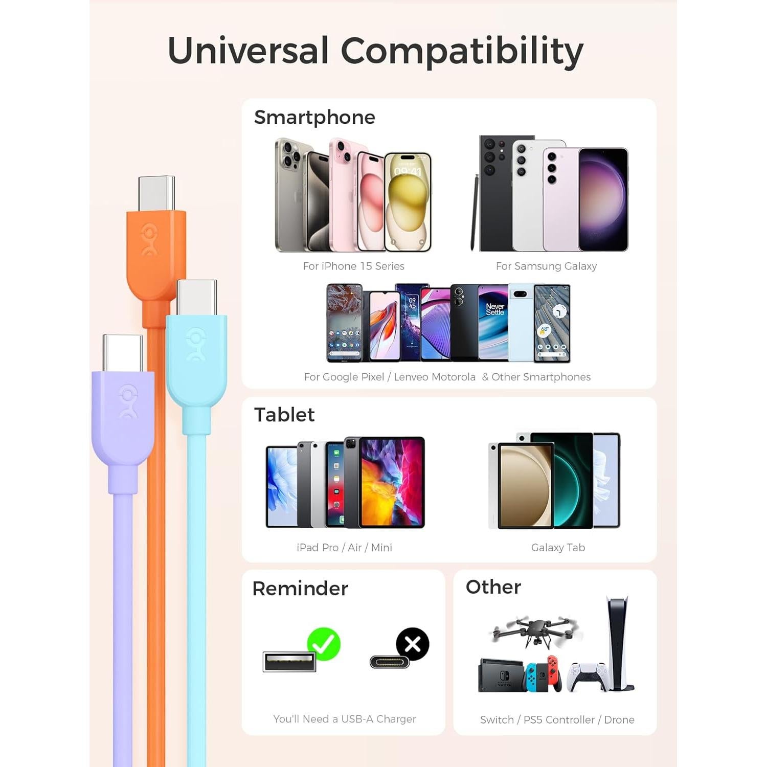 Paquete de 3 Cables USB A a C Cable Matters 30.48 cm Multicolor