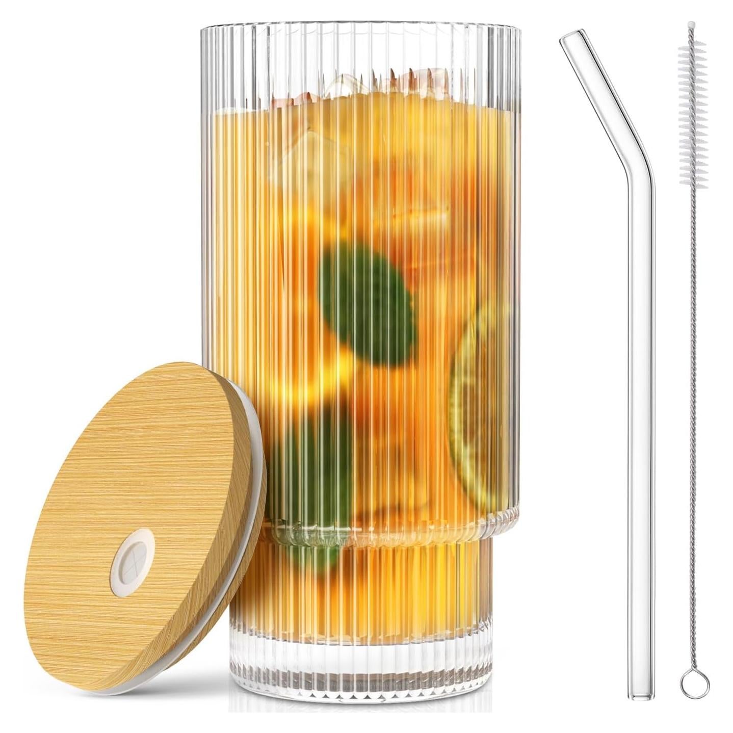 Taza de vidrio CWHHRN 0.47L con tapa y popote reutilizable