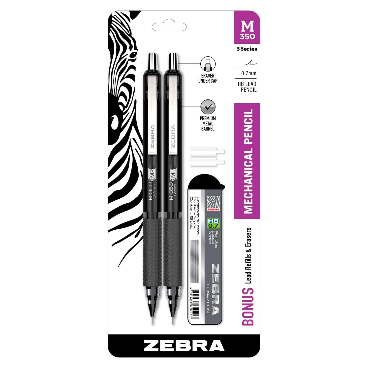 Lápiz Mecánico Zebra Pen M-350, Barril Metal Negro, 0.7mm, Paquete 2