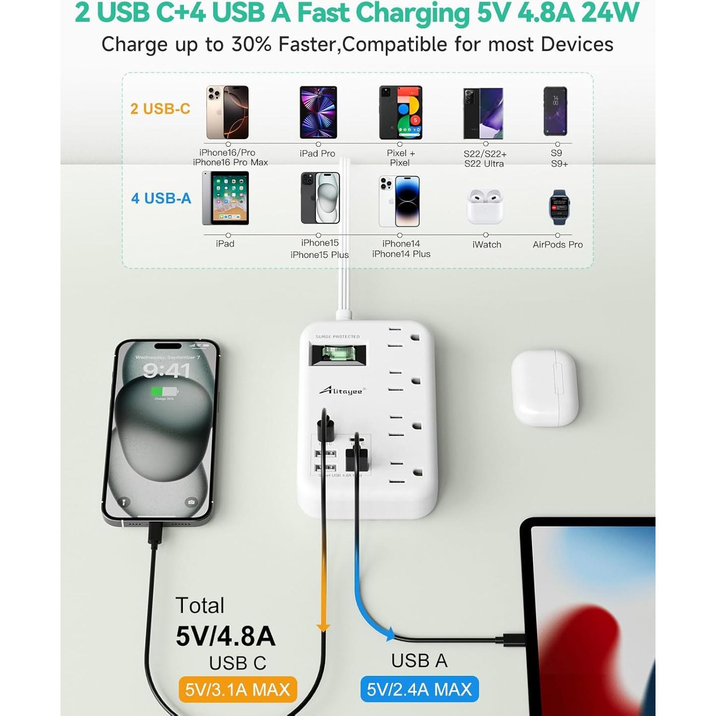 Toma de Corriente de Viaje Alitayee 6 USB 24W 1.83m