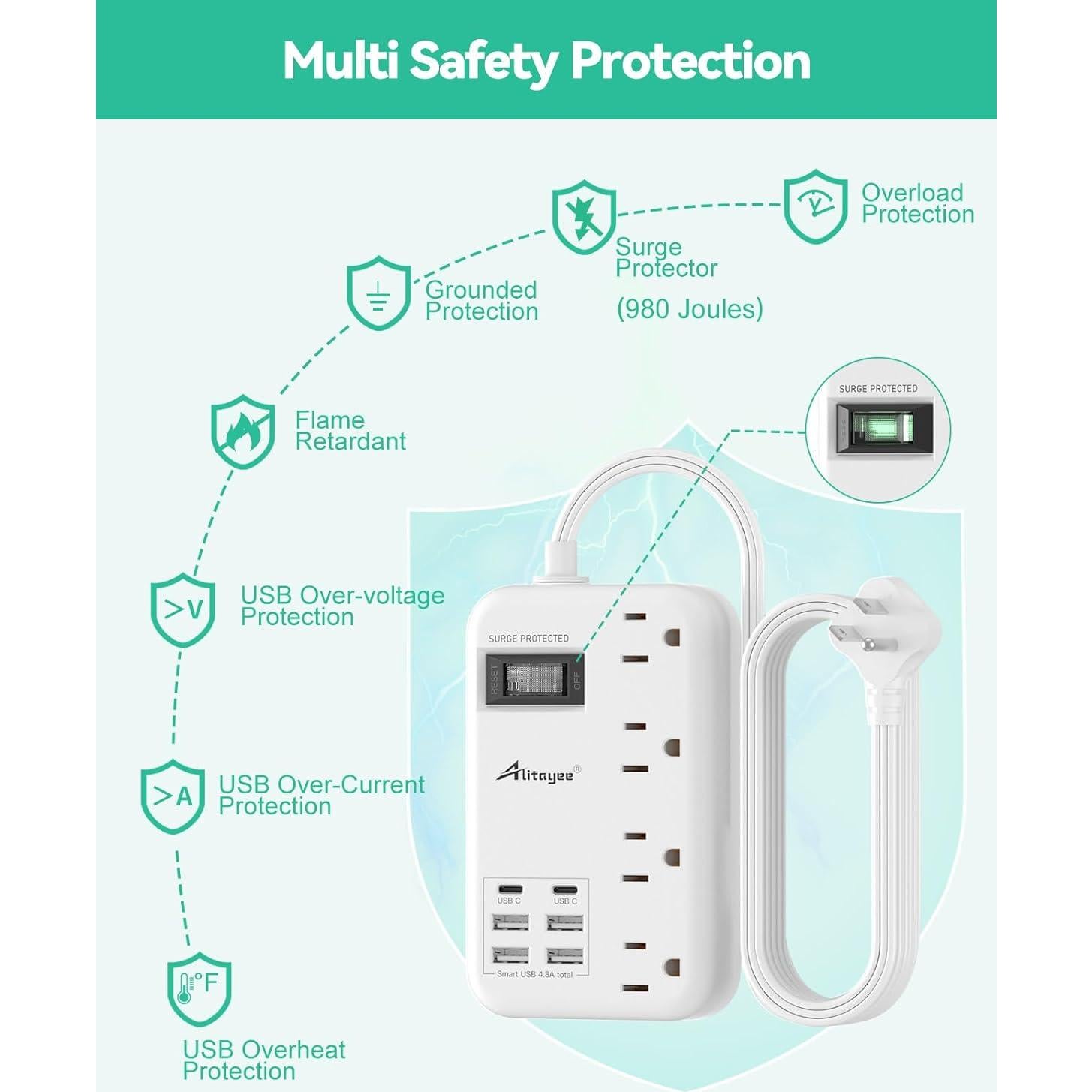 Toma de Corriente de Viaje Alitayee 6 USB 24W 1.83m