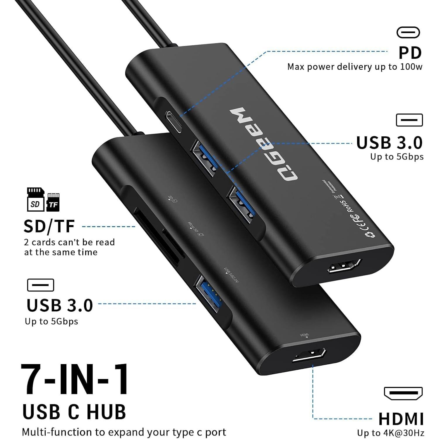 Hub USB C 7 en 1 QGeeM con HDMI 4K, 100W PD, Negro
