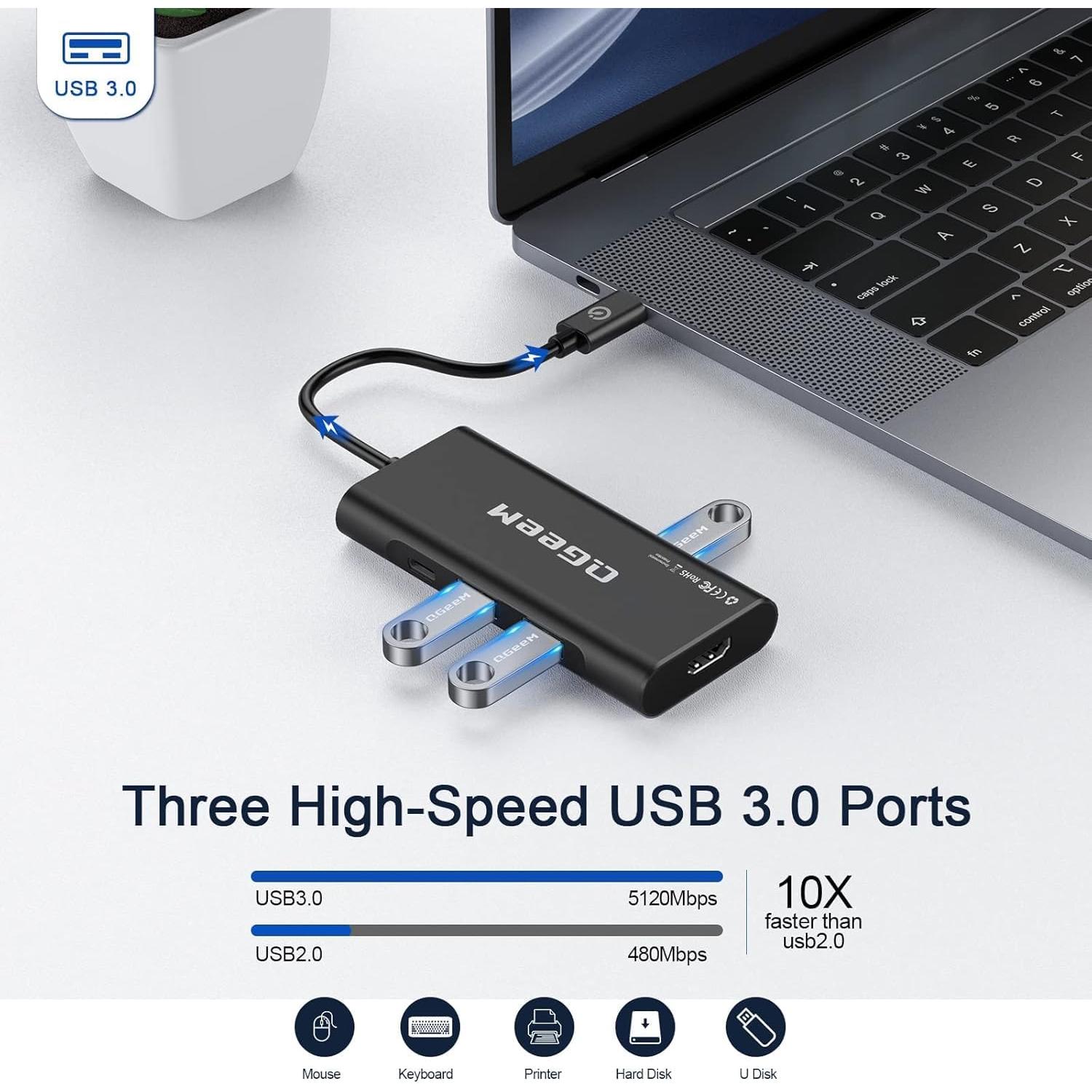 Hub USB C 7 en 1 QGeeM con HDMI 4K, 100W PD, Negro