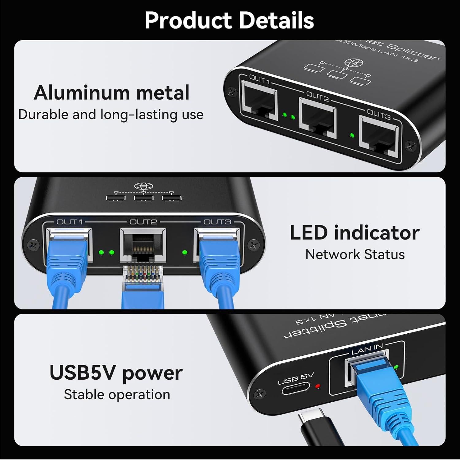Divisor Ethernet 1 a 3 PVBCTCSID 1000Mbps Plug and Play