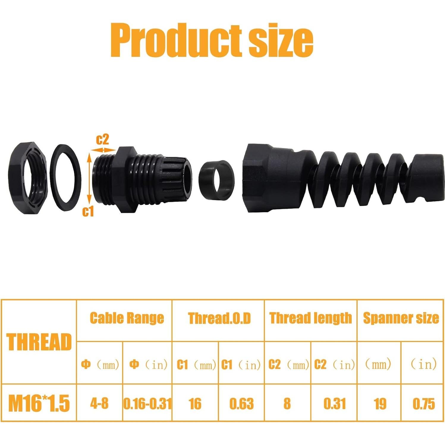 2 Pcs Cable Gland M16 Rierdge Impermeable IP68 Nylon 6-10mm