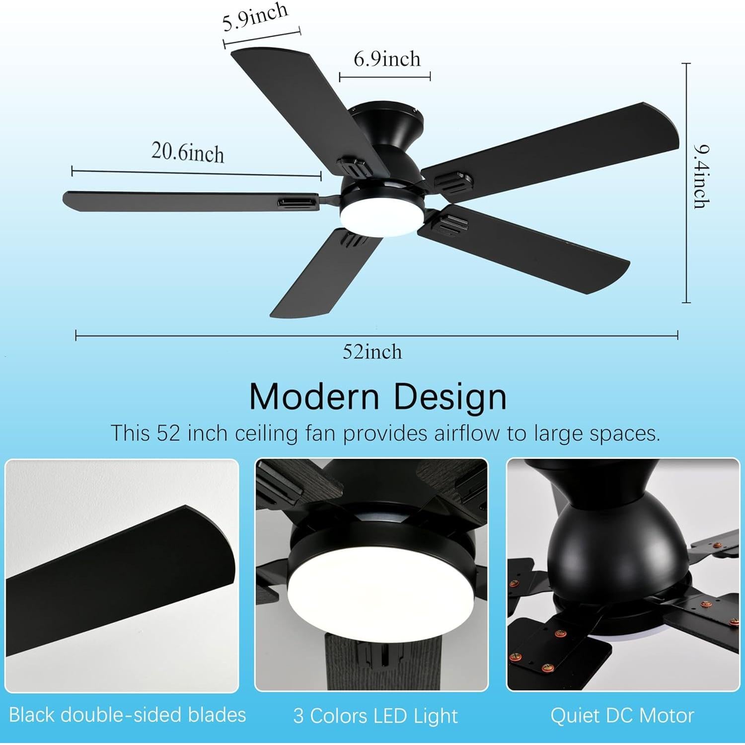 Ventilador de Techo KNUN SY31 Negro 132 cm con Luces LED y Control Remoto