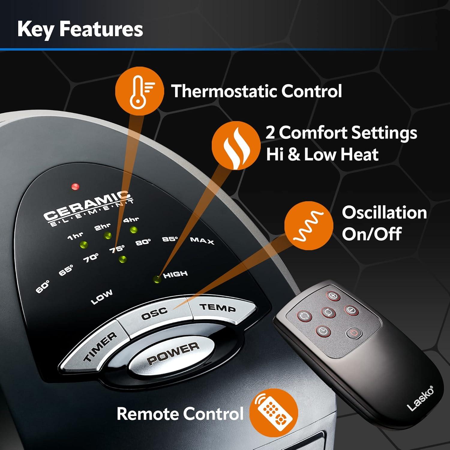 Calefactor Cerámico de Torre Lasko 1500W con Control Remoto