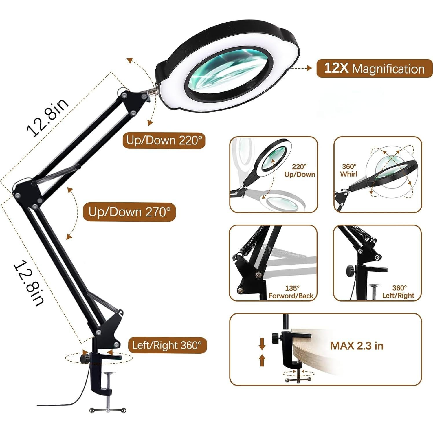 Lupa de 12X con Luz LED VUEJIC, Abrazadera y Ajuste 360°