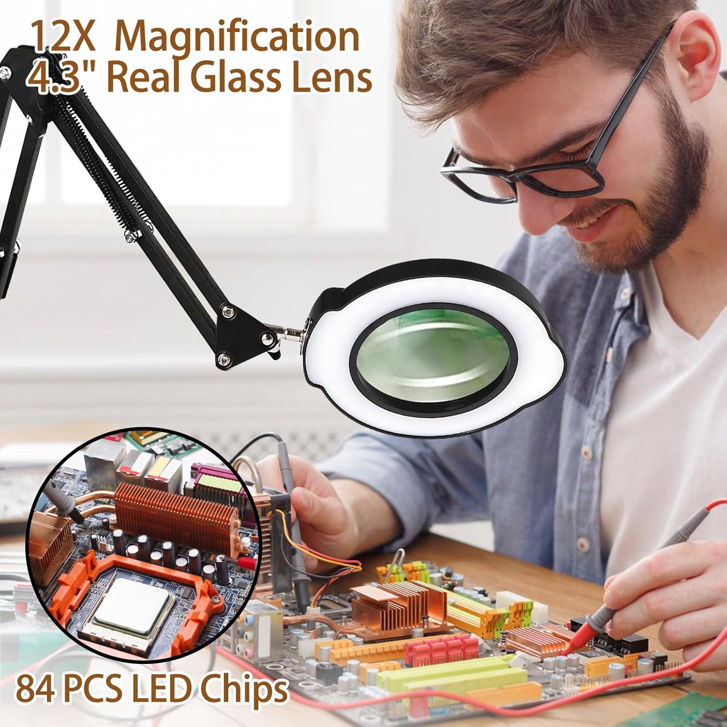 Lupa de 12X con Luz LED VUEJIC, Abrazadera y Ajuste 360°