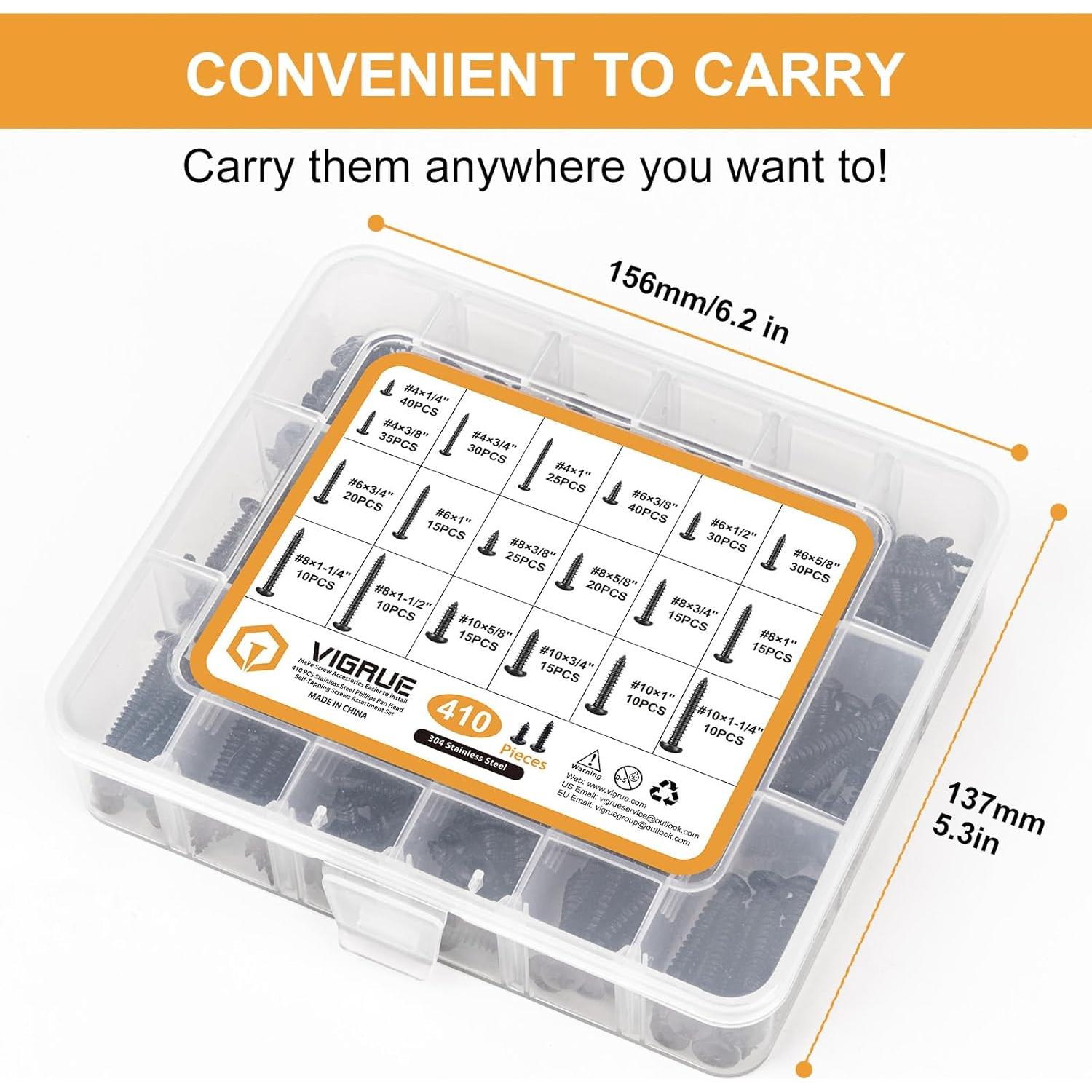 Kit de Tornillos de Acero Inoxidable VIGRUE 410 Pcs Cabeza Pan