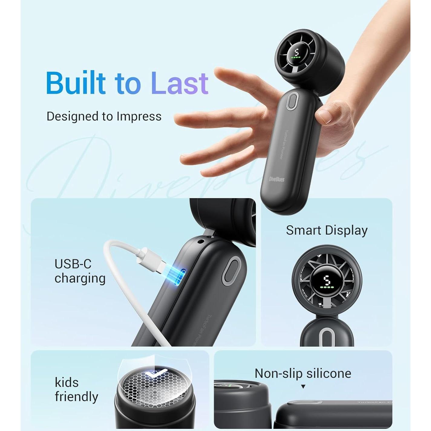 Diveblues High-Speed Portable Handheld Turbo Fan, USB Rechargeable Battery Powered, Small Portable Pocket Fan for Travel, Outdoor, Home, Office, Concerts, Lash, Gift for Women(Black)