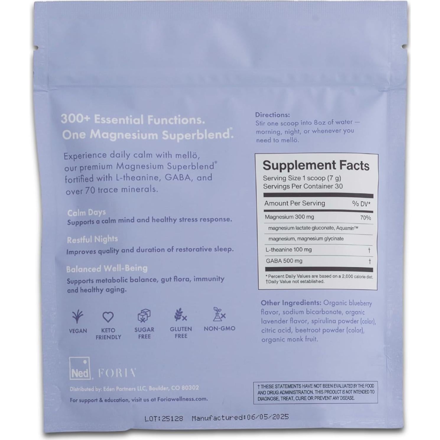 Suplemento de Magnesio Mellö Superblend 240g - Glicinato, L-Theanina