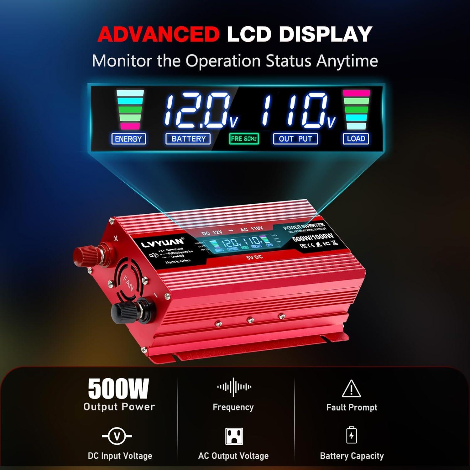 Inversor de Potencia 500W LVYUAN 12V a 220V DC a AC con USB