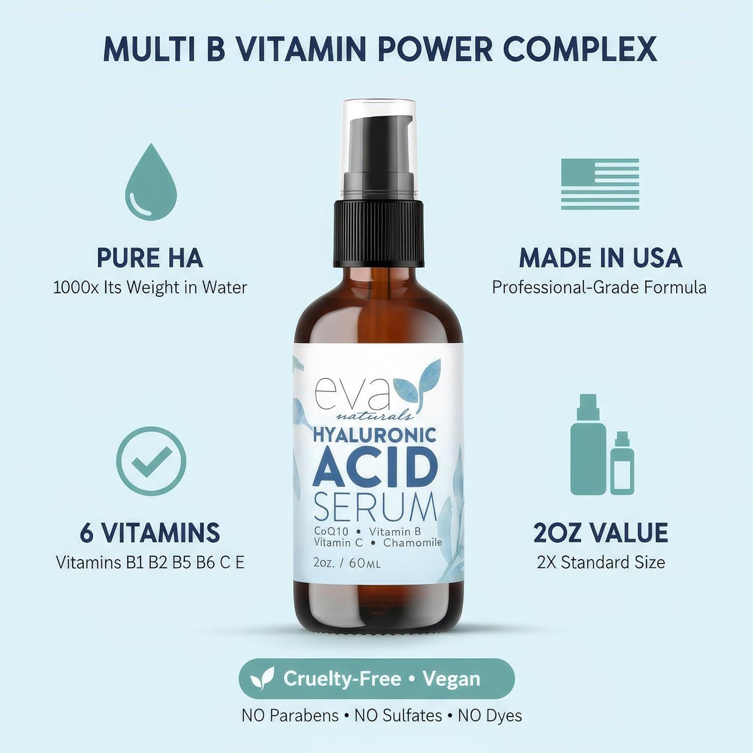 Suero Facial de Ácido Hialurónico Eva Naturals 59 ml - Hidratante Antienvejecimiento