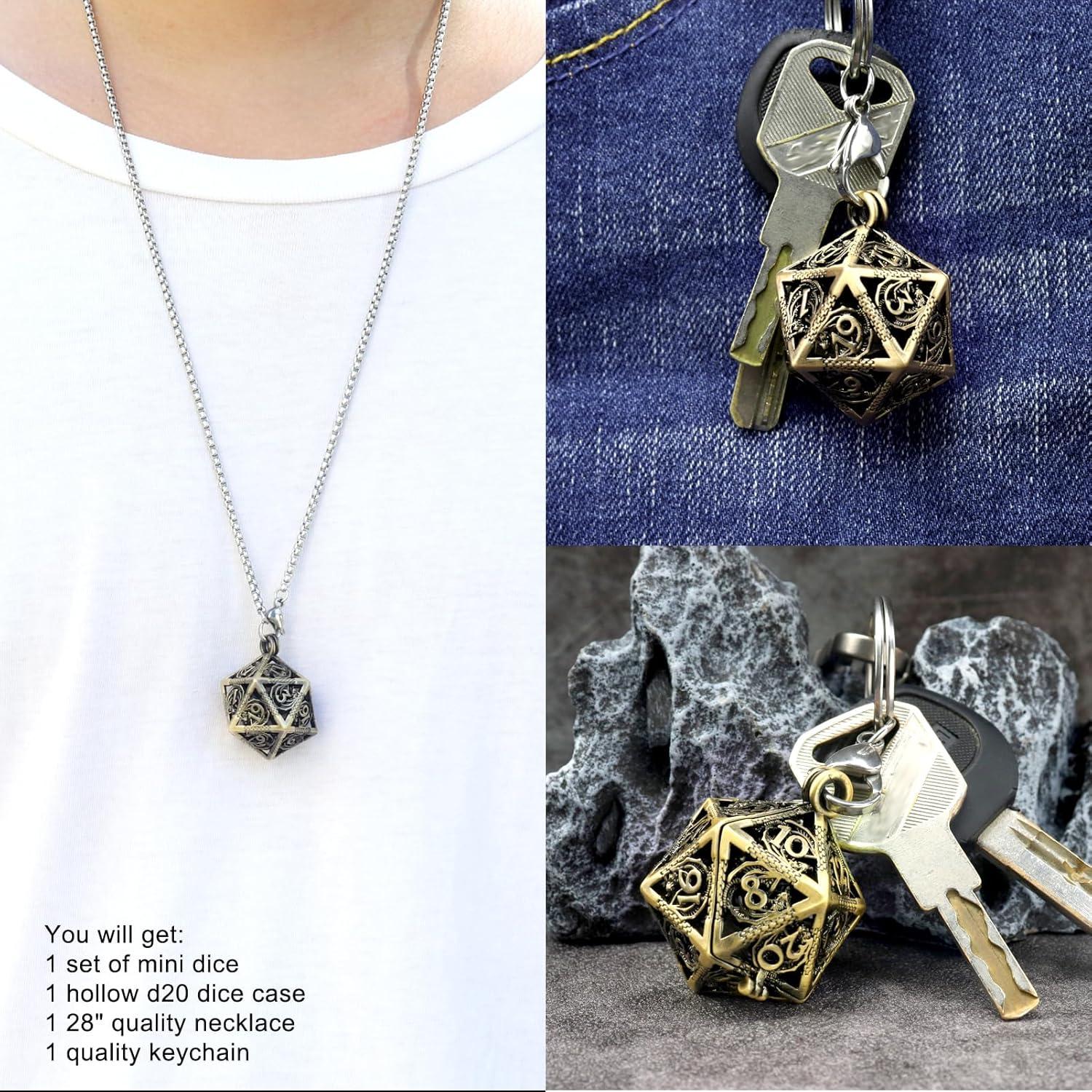 Conjunto de Dados Mini D&D Haxtec con Collar y Llavero