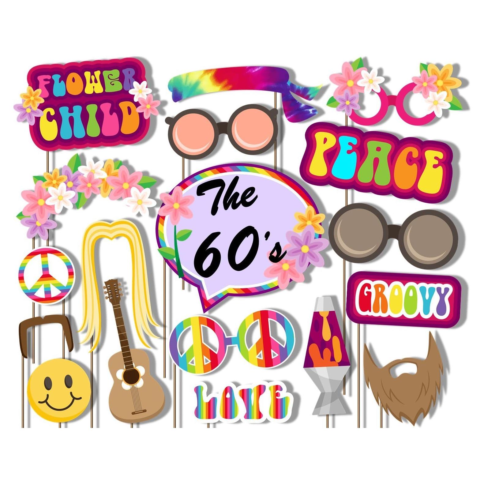 Kit de Accesorios para Photobooth Cumpleaños Galore - 20 Piezas Hippie 60s