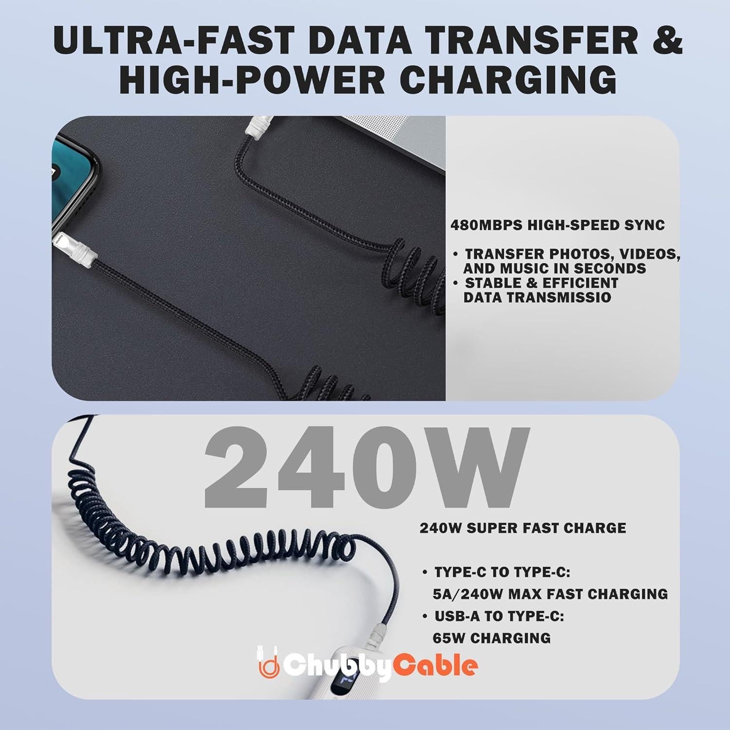 Cable de carga rápida retráctil Chubby 240W USB-C 0.4m-0.7m