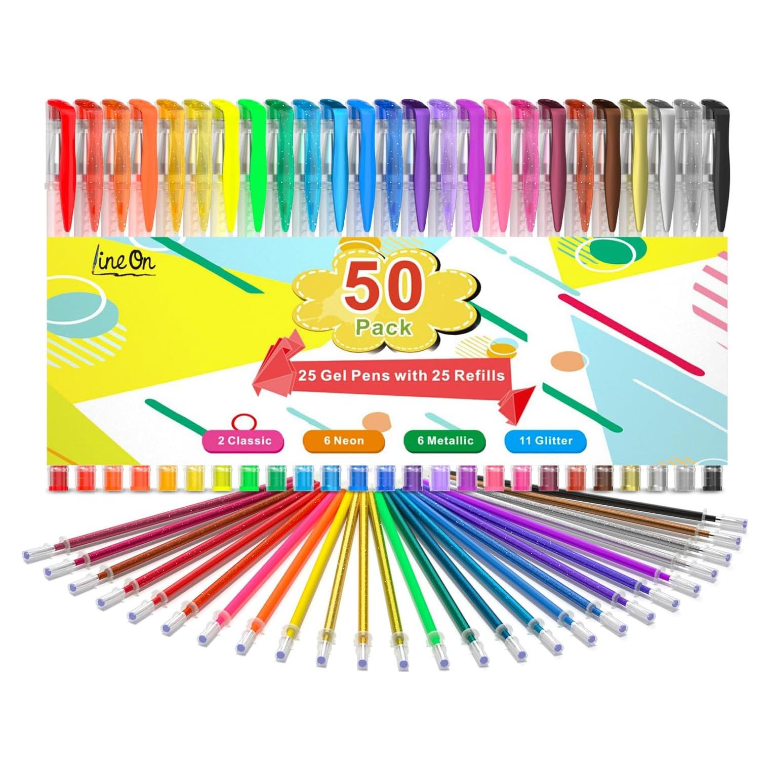 Set de 50 Bolígrafos de Gel Lineon Multicolor con 25 Recargas