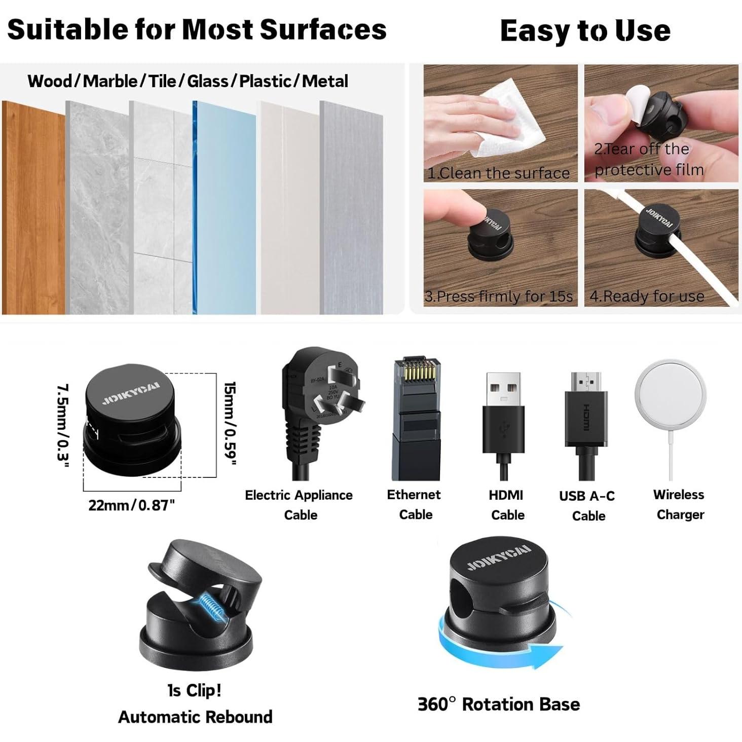 6 Organizadores de Cables JOIKYCAI con Clips Adhesivos Rotativos