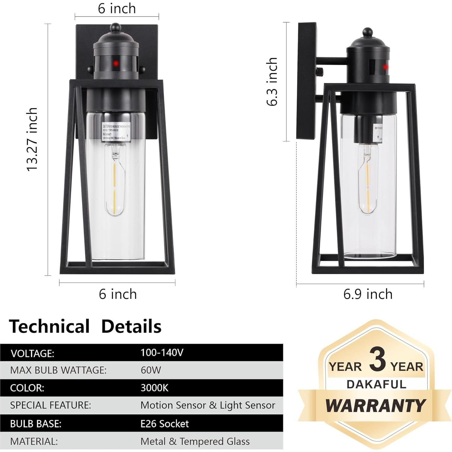 Luz de Pared Exterior DAKAFUL 2 Paquetes con Sensor Movimiento
