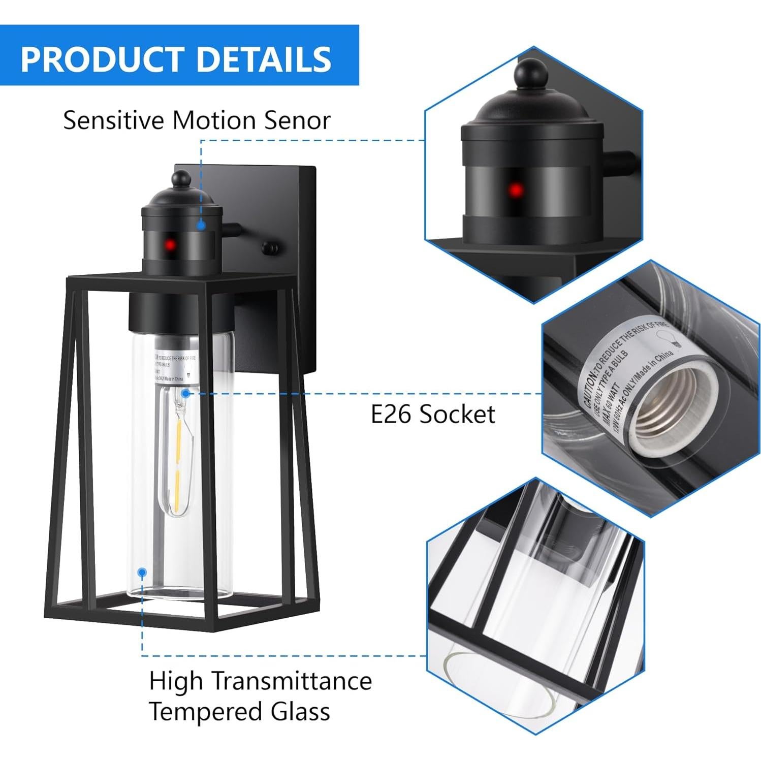 Luz de Pared Exterior DAKAFUL 2 Paquetes con Sensor Movimiento