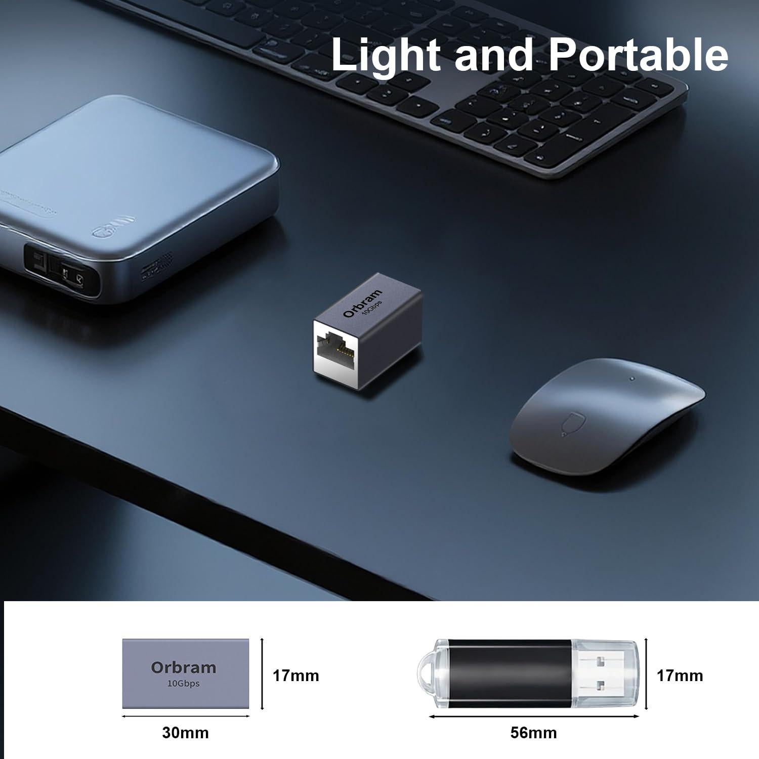 Orbram [UL Listed Ethernet Extender 10Gbps, RJ45 Coupler Adapter for Cat8/Cat7/Cat6a/Cat6/Cat5 Cable, 328ft Long-Distance Connection, Female to Female Coupler, Aluminum Alloy Shell, Space Grey