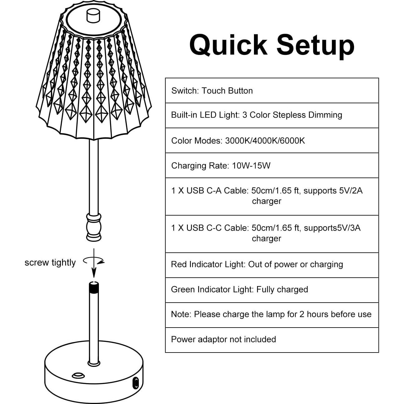 Lámpara de Mesa Inalámbrica Recargable 5000mAh Cristal Plata