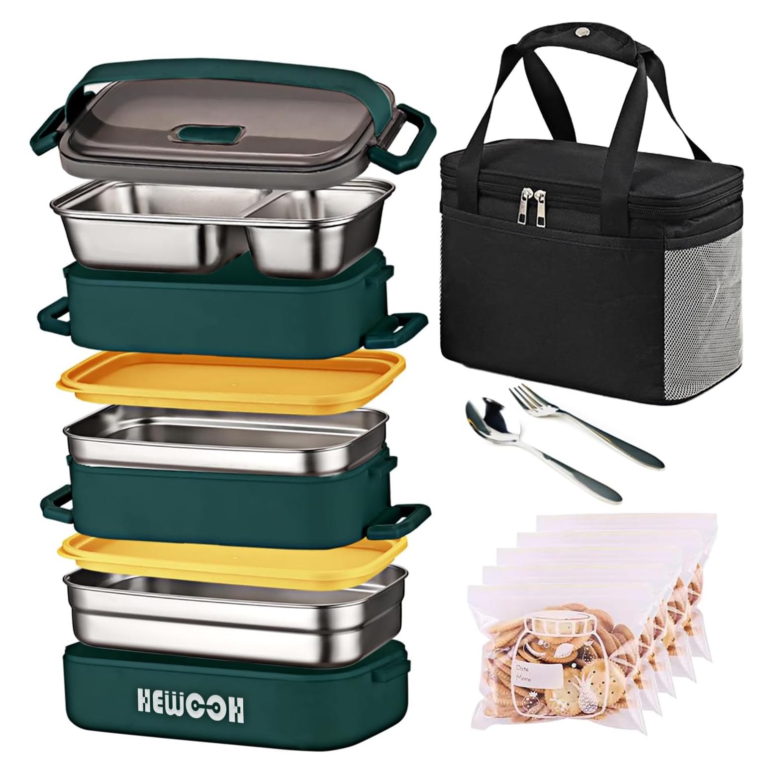 Caja Bento Grande HEWOOH 2100ml Verde, Apta Microondas y Lavavajillas