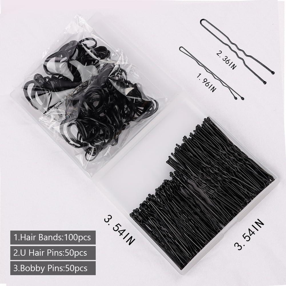 Kit de 200 Piezas Horquillas y Bandas para el Cabello Negro