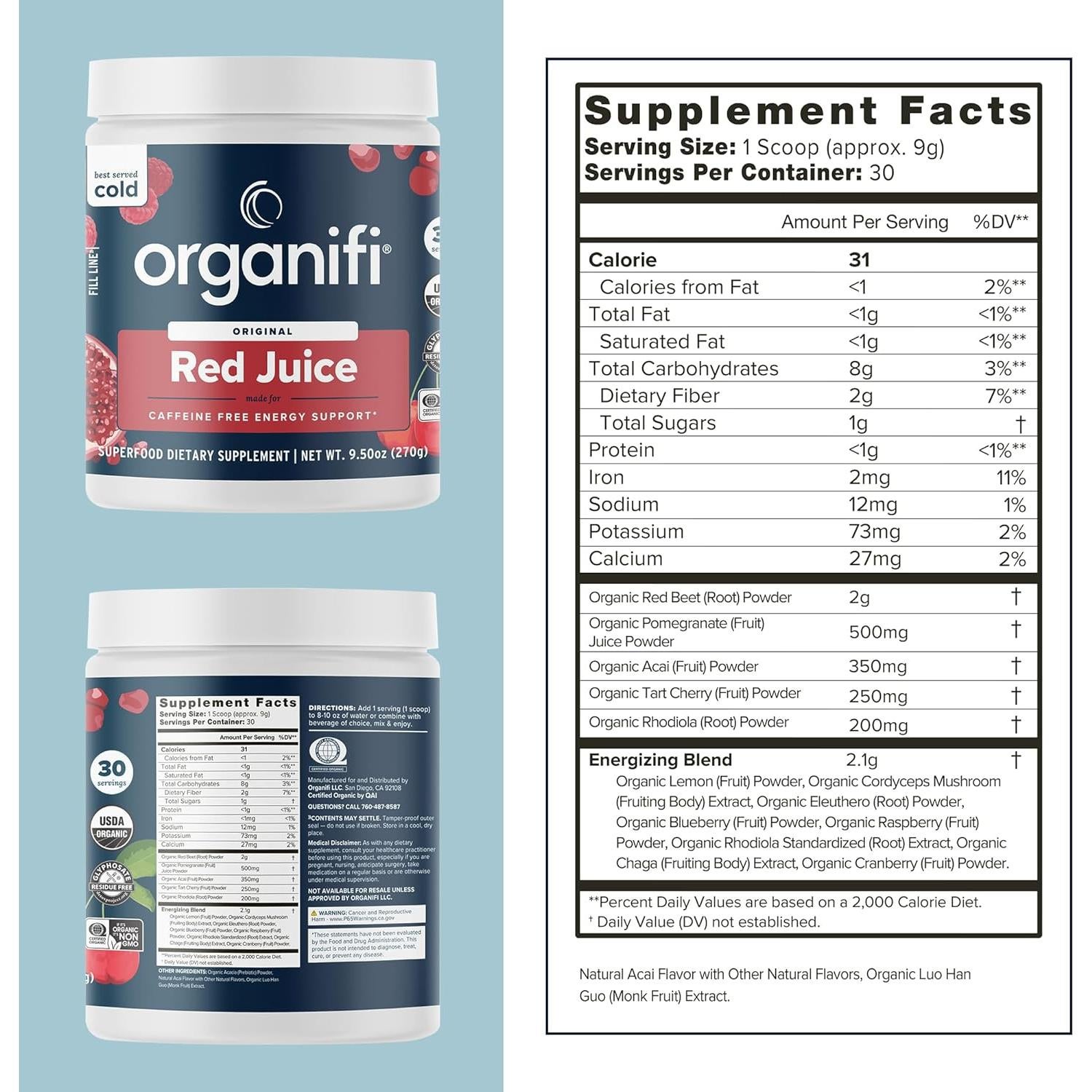 Organifi Jugo Rojo - Polvo Energético 283.5g - Sin Cafeína