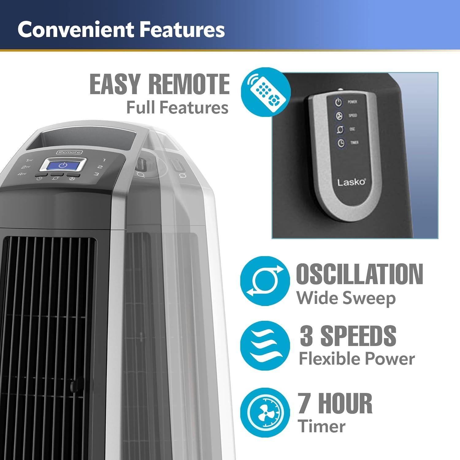 Ventilador de Torre Lasko U35115 Oscilante 3 Velocidades 88.9 cm