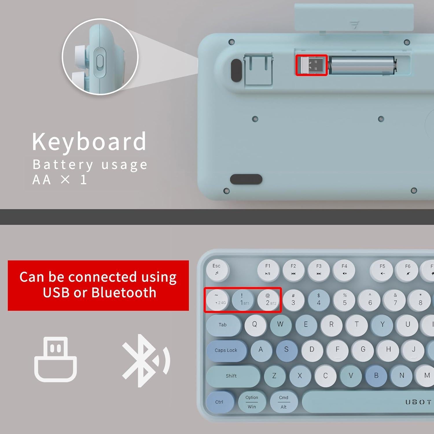 Teclado Inalámbrico UBOTIE Retro Colorido para PC y Móvil