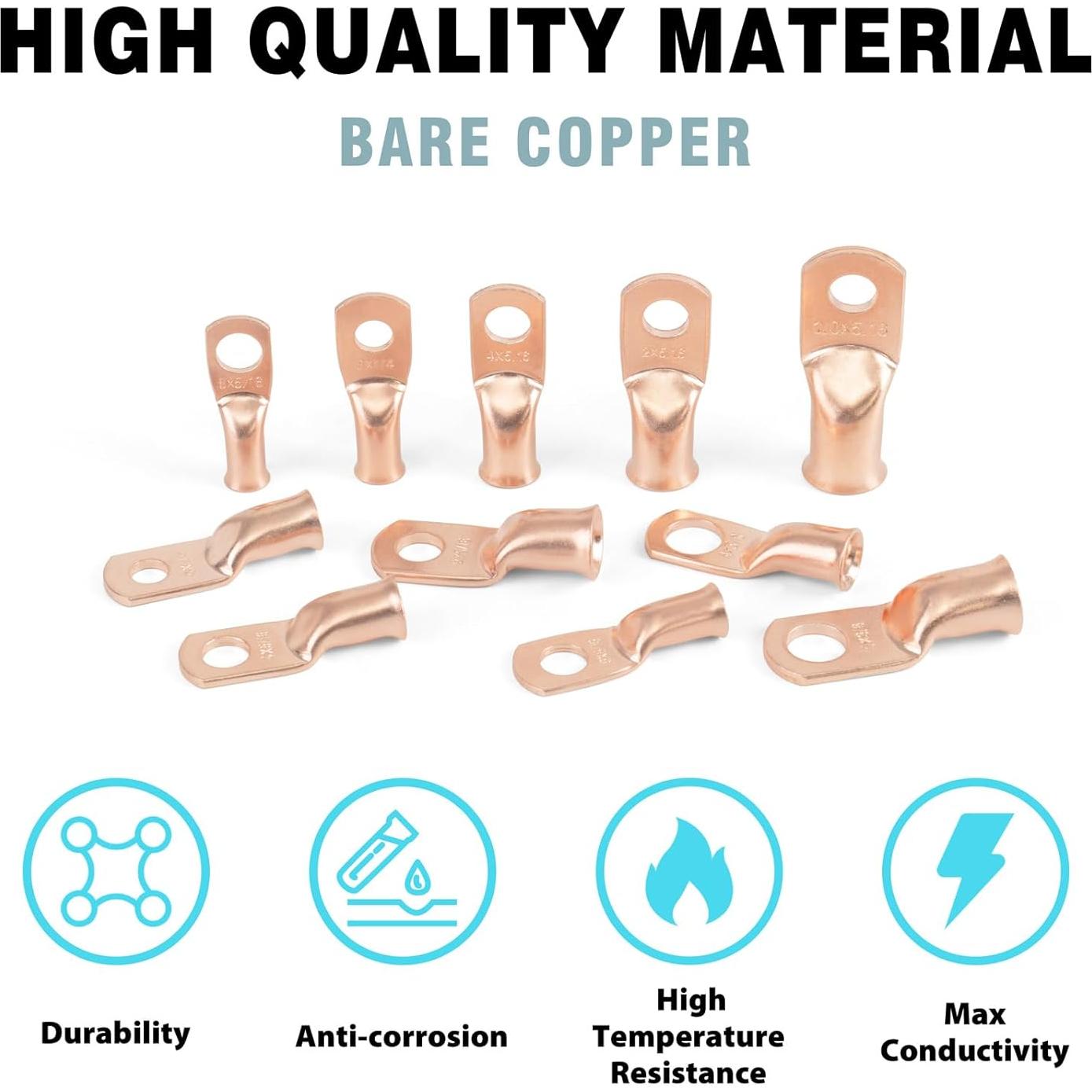 10 Terminales de Batería 1/0 AWG M10 Cobre con Tubo Termocontraíble