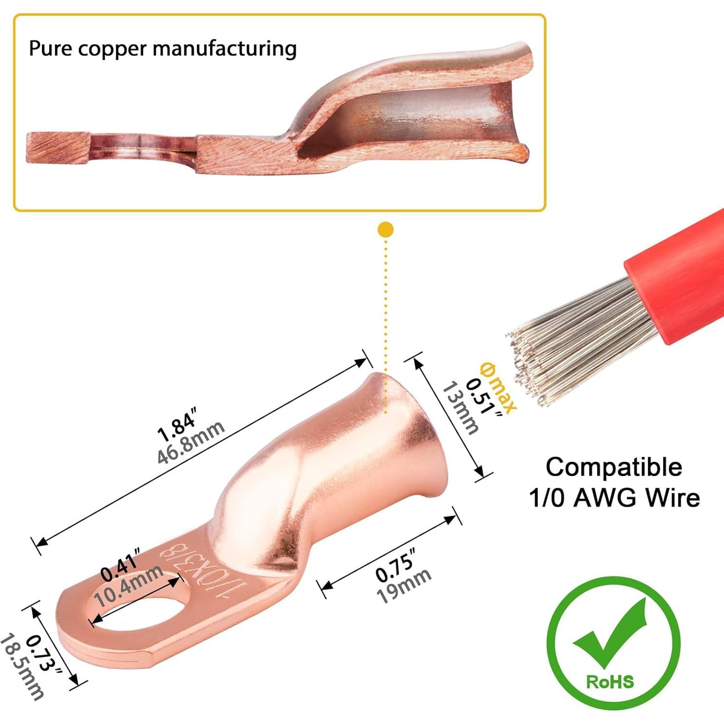 10 Terminales de Batería 1/0 AWG M10 Cobre con Tubo Termocontraíble