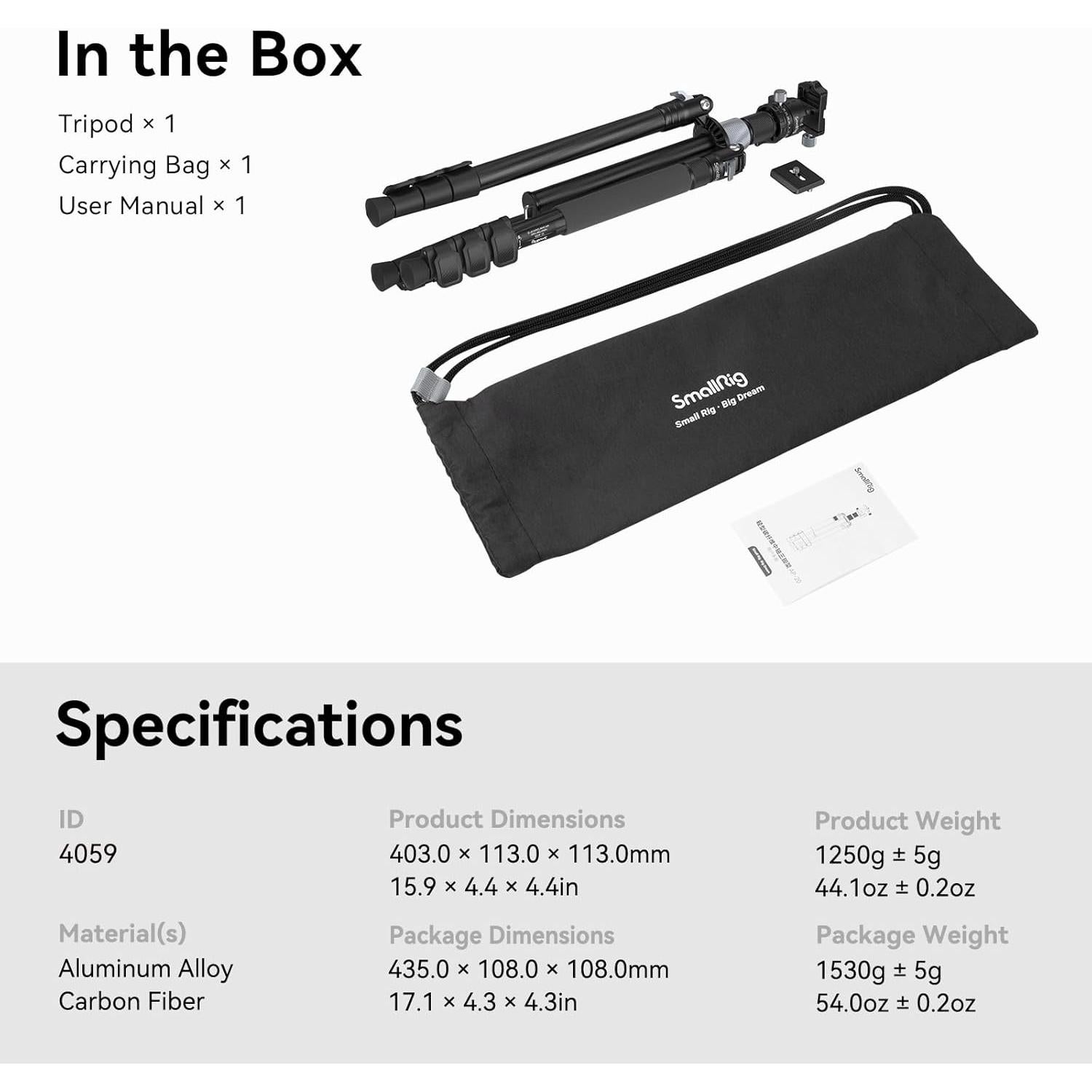 Trípode de fibra de carbono SmallRig 15787 62.2" 12 kg