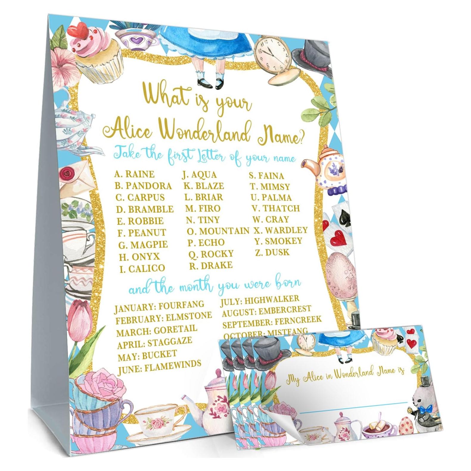 Juego de Nombres Alicia en el País de las Maravillas - 1 Cartel Doble Cara y 30 Stickers