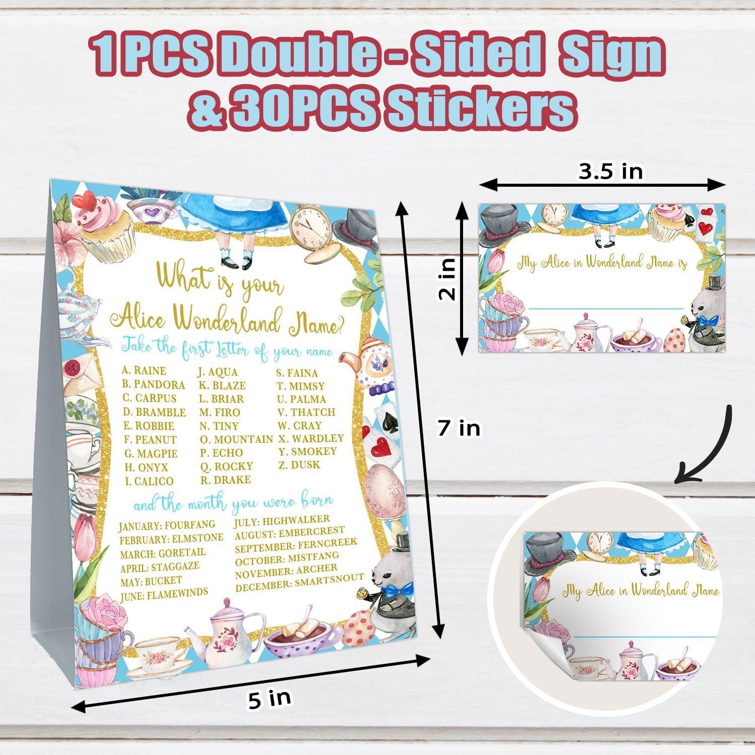 Juego de Nombres Alicia en el País de las Maravillas - 1 Cartel Doble Cara y 30 Stickers