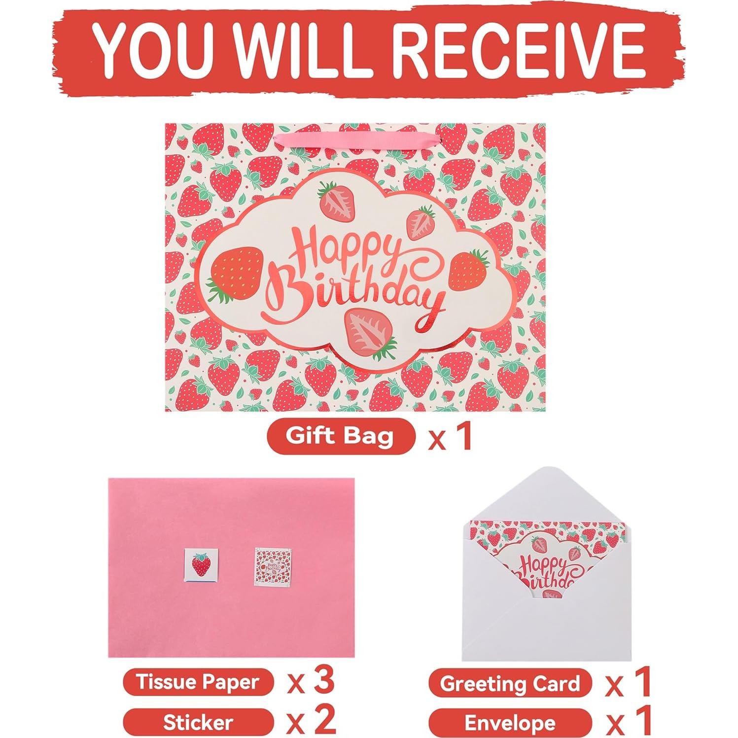 Bolsa de Regalo Extra Grande de Cumpleaños Fresa 42x32x14 cm