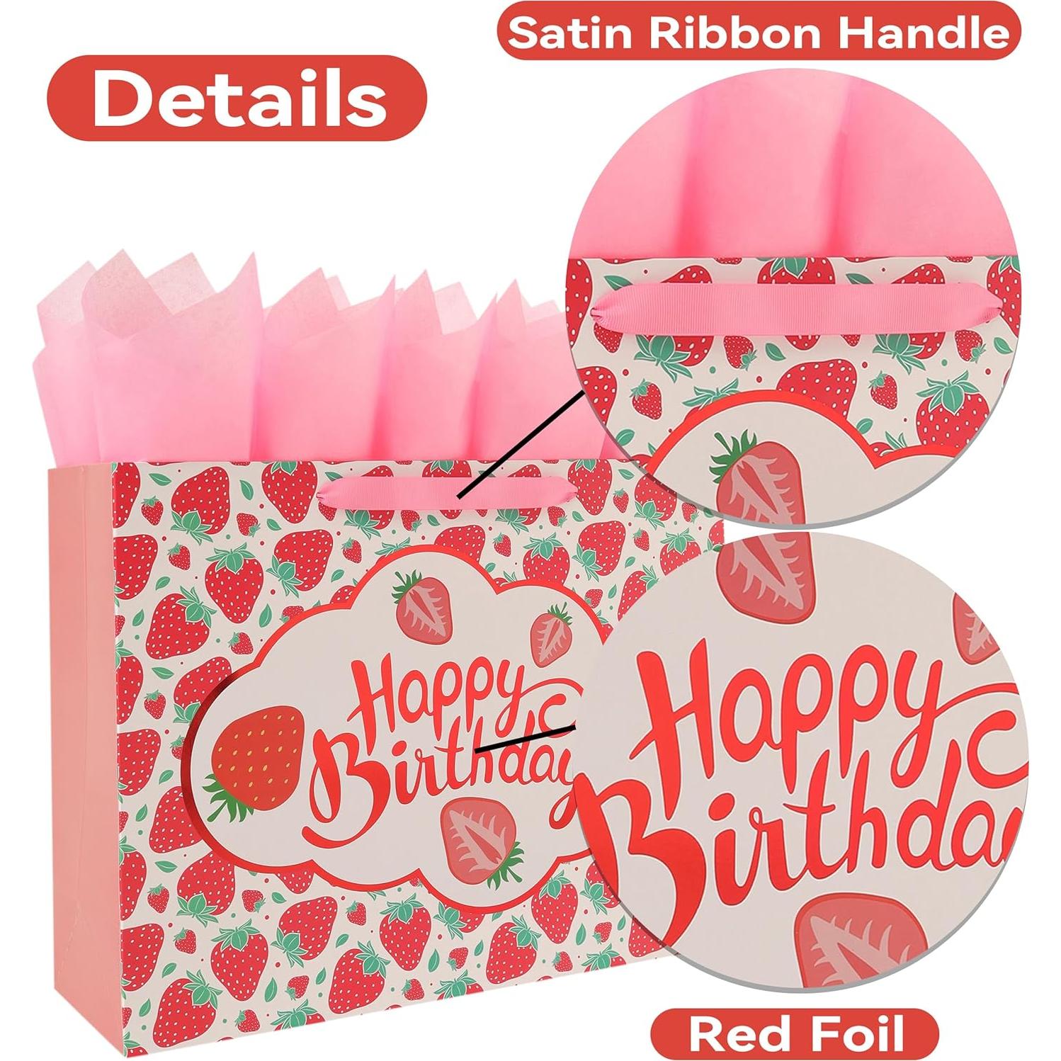 Bolsa de Regalo Extra Grande de Cumpleaños Fresa 42x32x14 cm