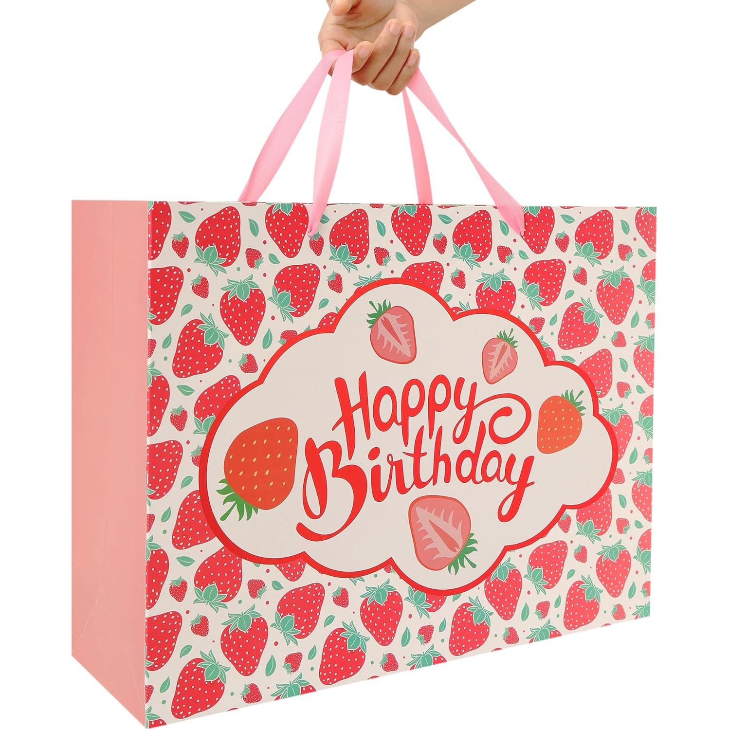 Bolsa de Regalo Extra Grande de Cumpleaños Fresa 42x32x14 cm