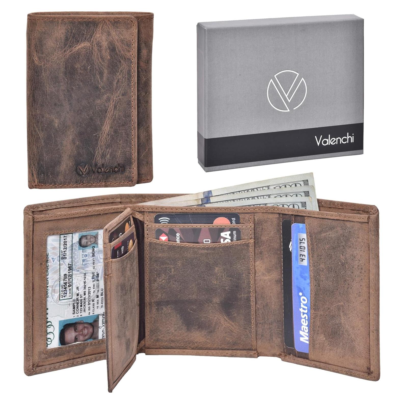 Billetera de cuero trifold VALENCHI RFID 9 ranuras marrón