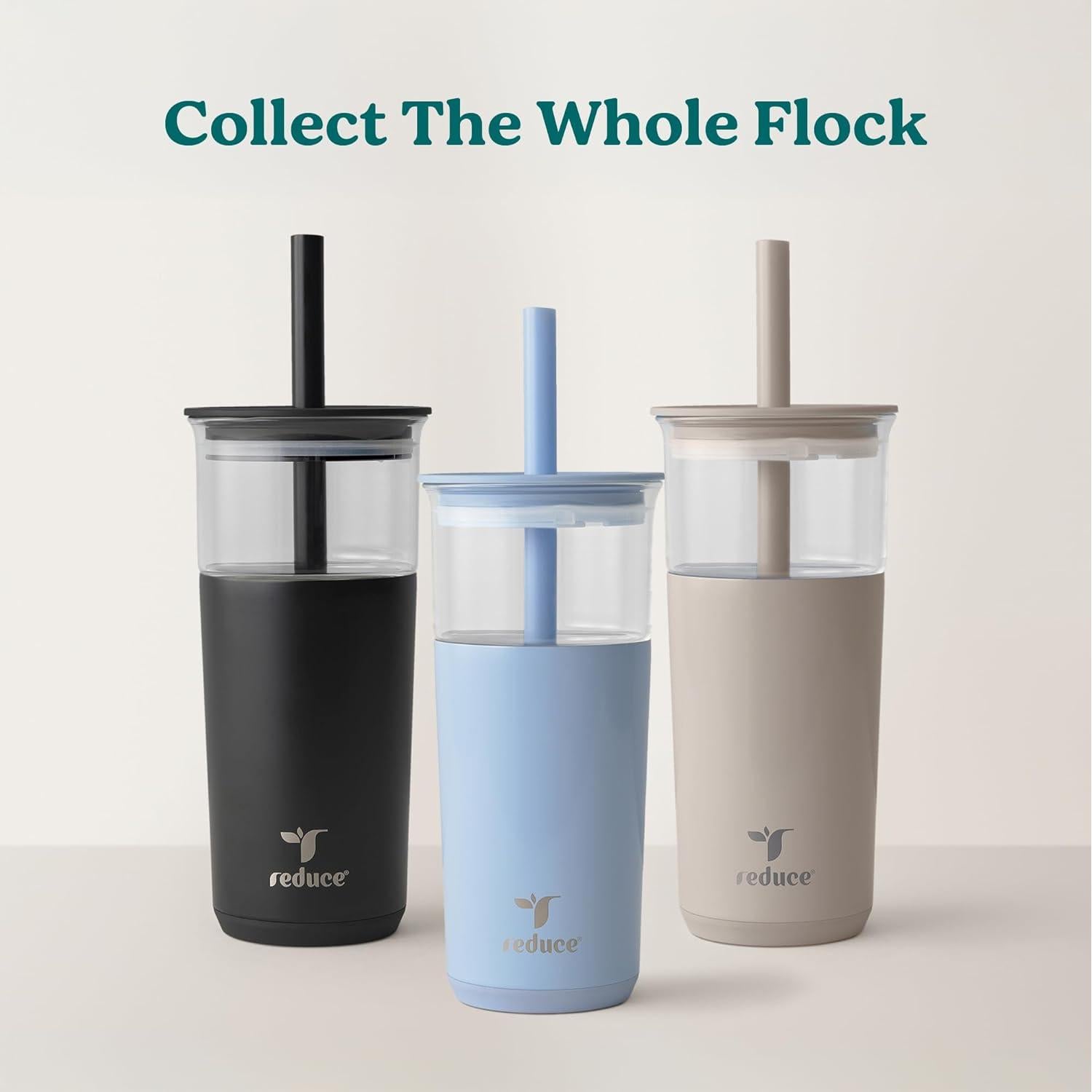 Vaso de Vidrio Aislado REDUCE 600 ml con Tapa y Pajilla Ancha