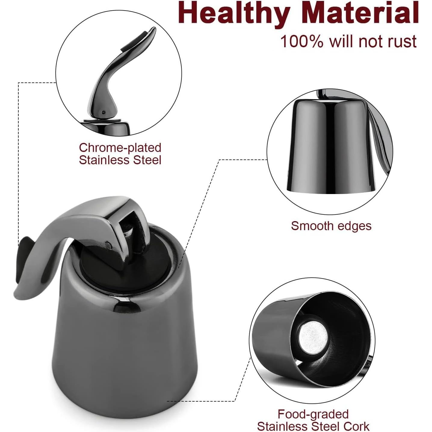 Tapones para Vino BETTFOR de Acero Inoxidable y Silicona - 1 Paquete Negro