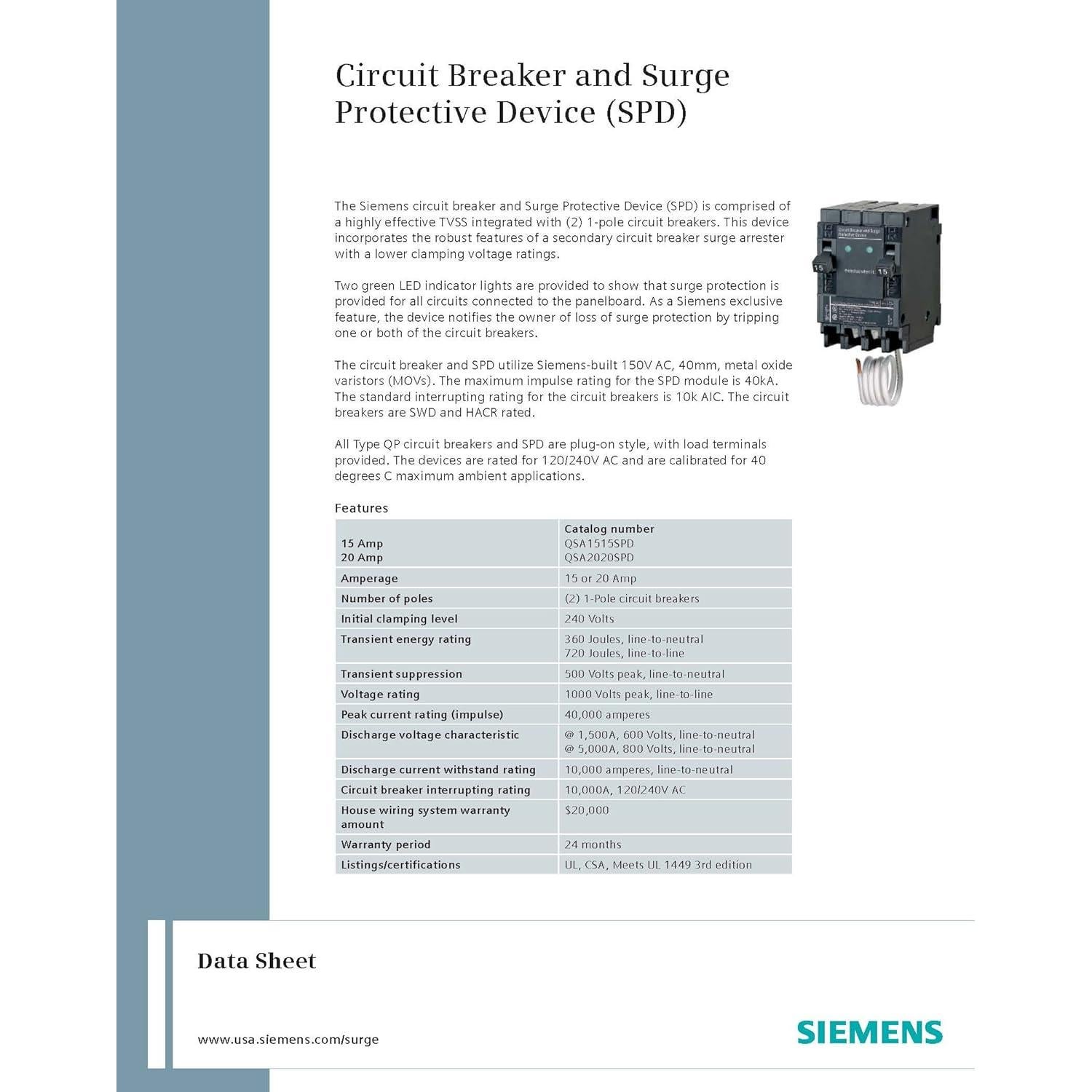 Protección contra Sobretensiones Siemens QSA1515SPD 15A