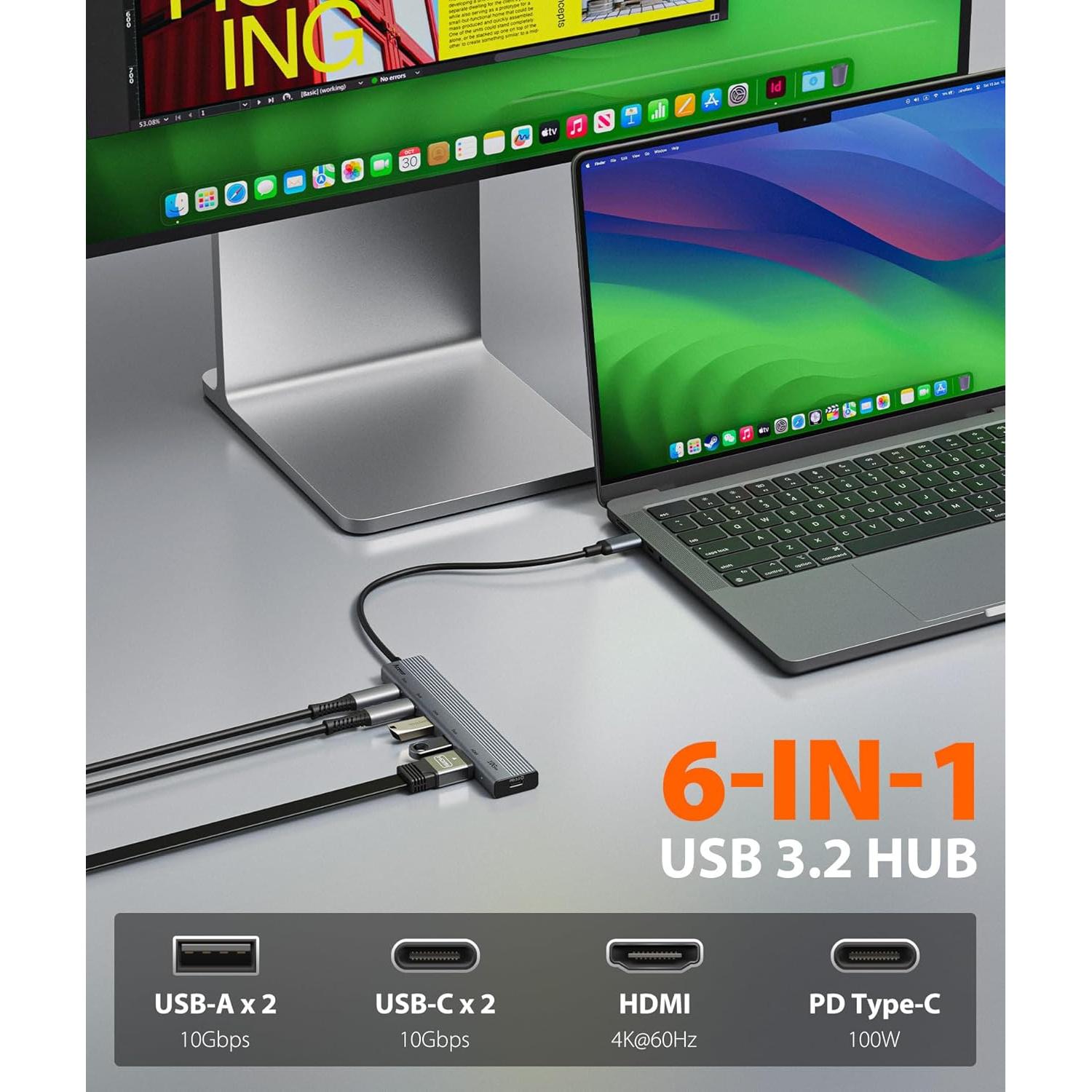 Hub USB C 6 en 1 Aceele con HDMI 4K y 100W de carga