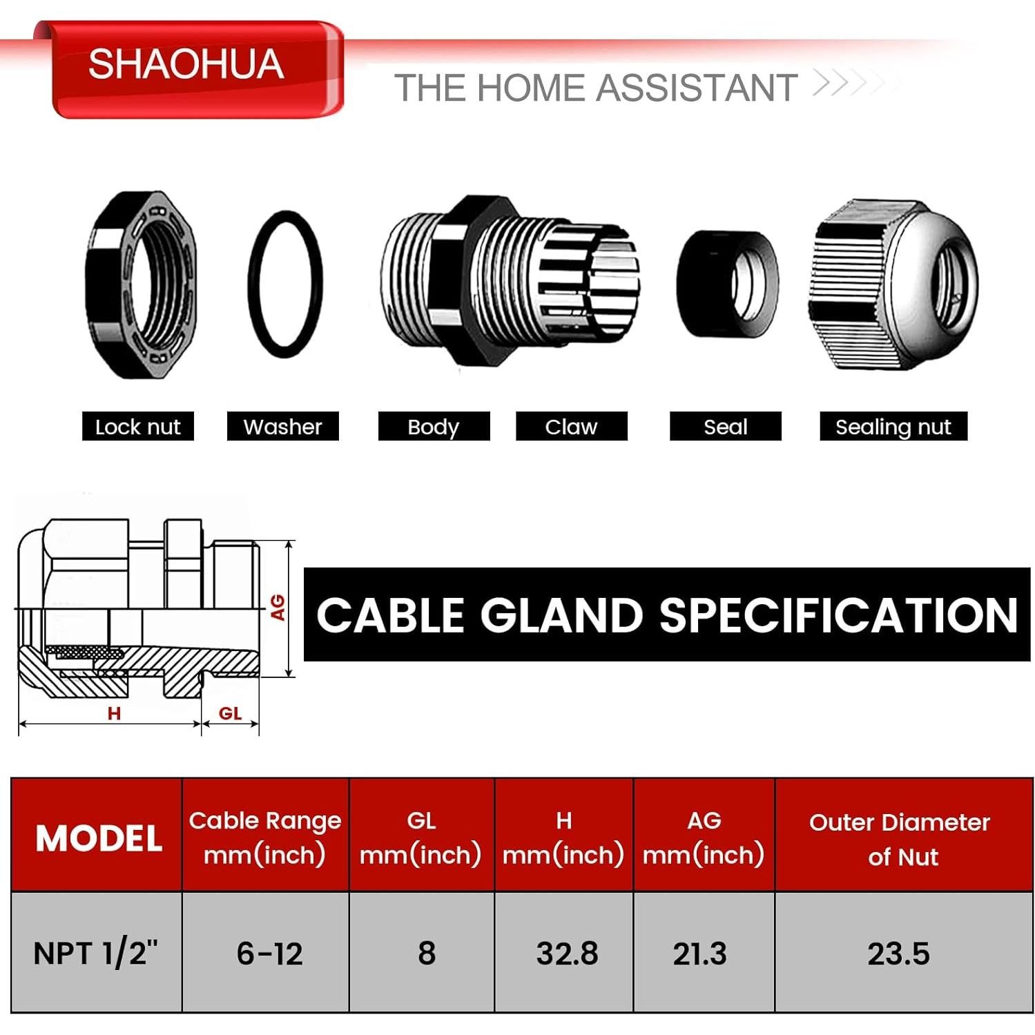 Kit 30PCS Conectores de Cable IP68 SHAOHUA 1/2" NPT